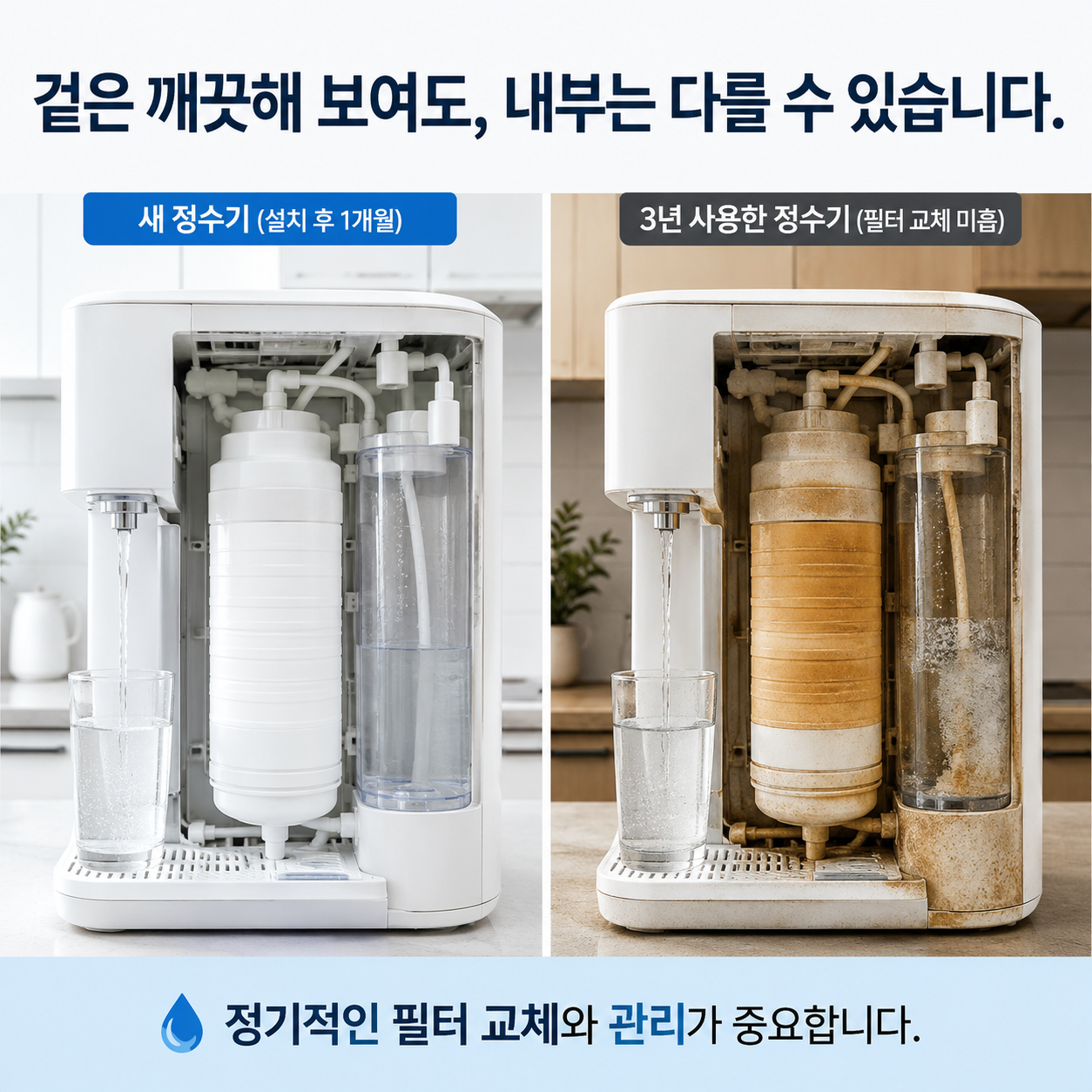 ▲ 새 정수기 vs 3년 사용한 정수기— 이해를 돕기 위해 제작한 AI 사진입니다.