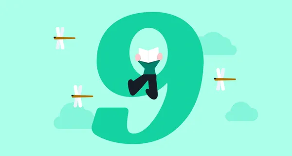 초록색 숫자 9 위에 앉아 기사 읽는 사람 일러스트