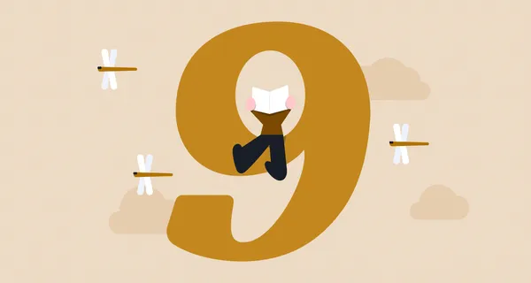 숫자 9에 사람이 앉아 기사를 읽고 있는 일러스트
