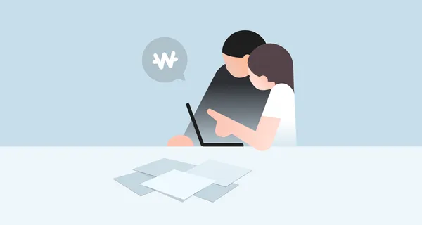 노트북 모니터를 같이 보고 있는 남자와 여자 일러스트
