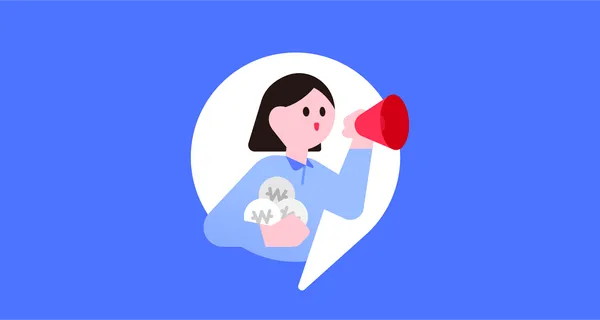 오른 손엔 돈을 들고, 왼 손엔 확성기를 들고 무언가 외치고있는 여자 일러스트