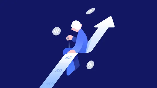 그래프 위에 앉아있는 노인 뒷모습 일러스트